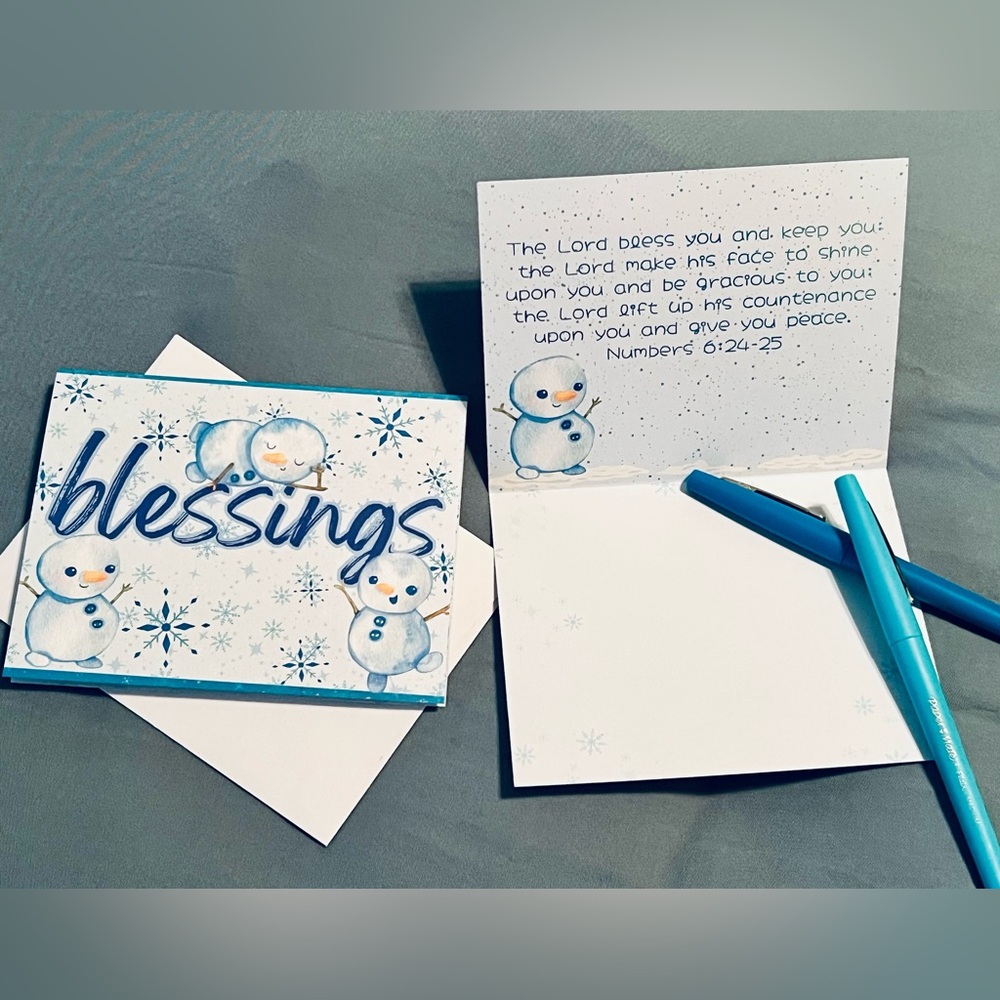 Handmade “Blessings“ notecards with winter snowmen, set of 12 includes envelopes